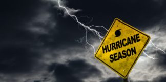 Hurricane season with symbol sign against a stormy background and copy space. Dirty and angled sign adds to the drama.
