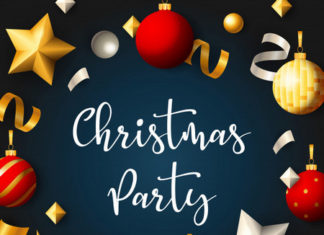 Christmas Party Banner With Balls Ribbons Blue Background 74855 1278