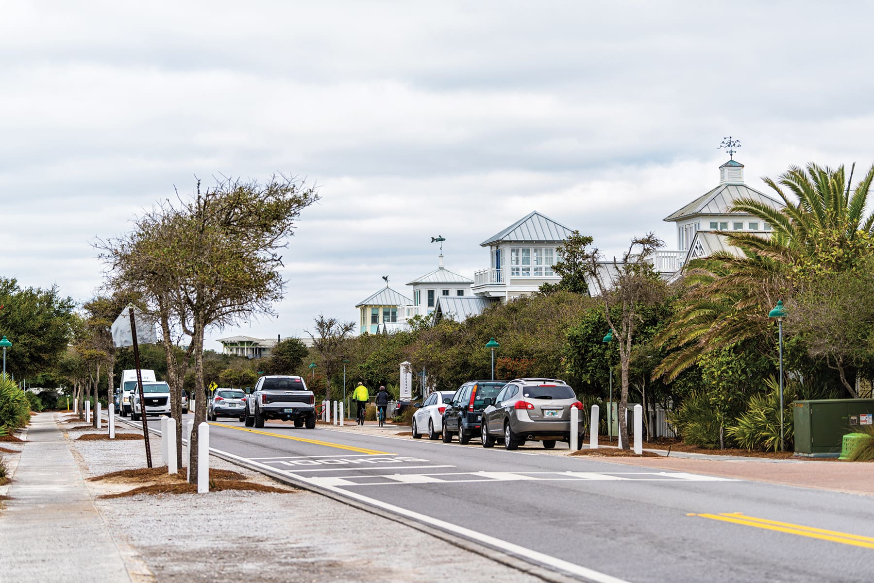 Houses Architecture Beach Ocean Cottages In Florida Panhandle On Cloudy Winter Day With Cars On Road Street Traffic
