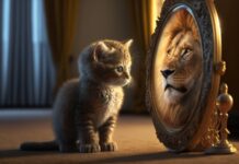 Kitten Looking At Round Mirror On Table, Male Lion Inside Mirror