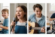 Trading Screen Time for Stage Time: How Music Lessons Re-Wire the Digital Brain Indoor,photo,of,a,banner,showing,photos,of,smiling,child